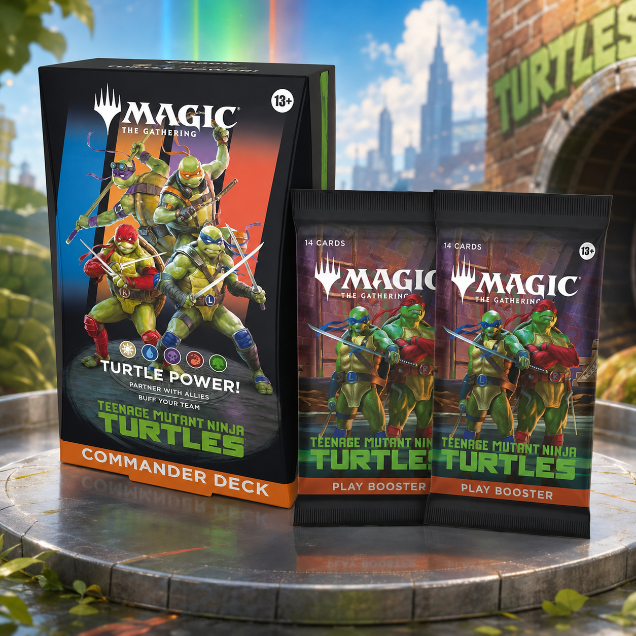 Magic: The Gathering Teenage Mutant Ninja Turtles Turtle Power Commander Deck + 2 Play Booster Packs English Edition, MTG 100-Card Ready-to-Play Deck Combo Set for Multiplayer, Deck Building, Pack Opening and Collector Gift
