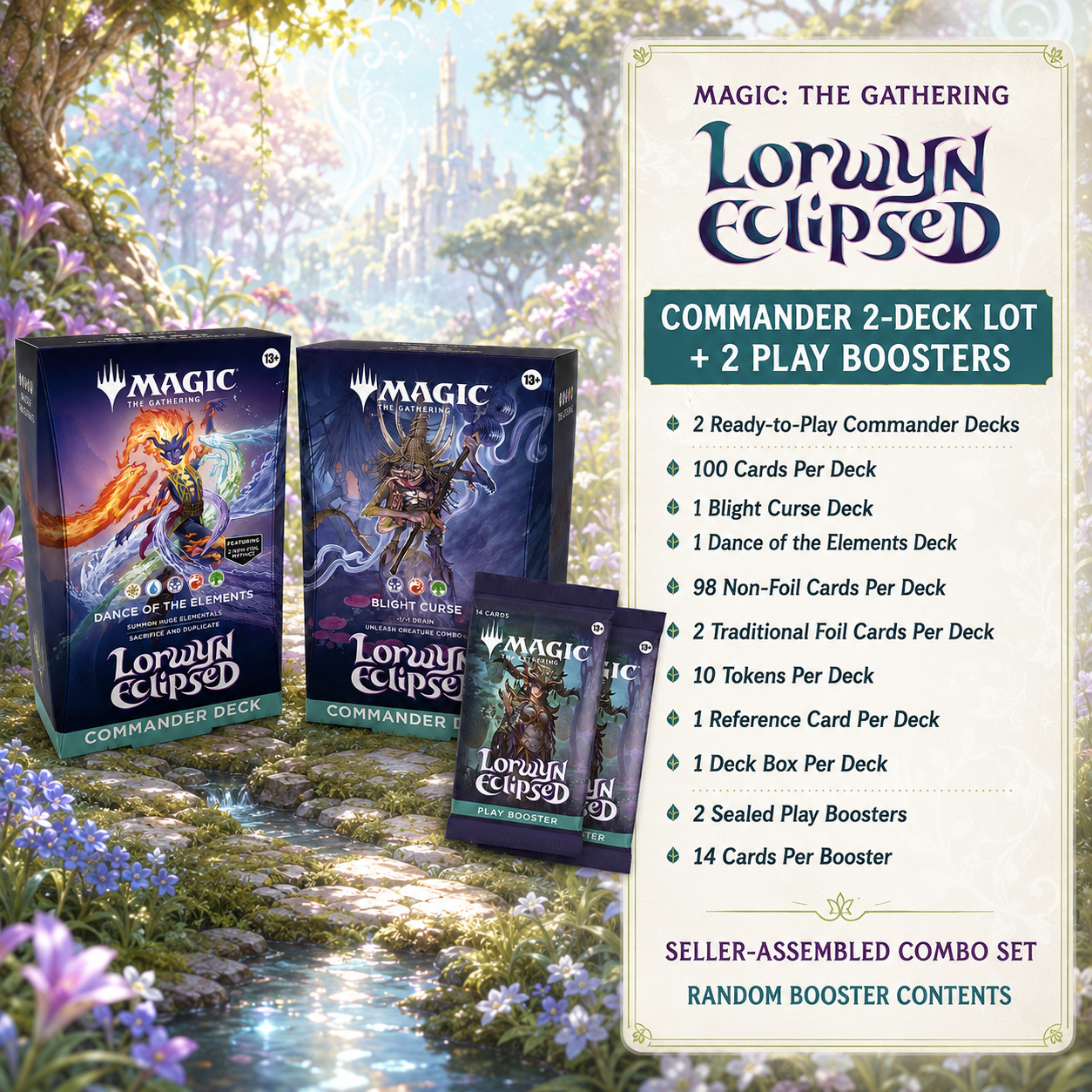 Magic: The Gathering Lorwyn Eclipsed Commander Deck Set + 2 Play Booster Packs, 2 Ready-to-Play 100-Card MTG Decks, Multiplayer TCG Combo Bundle for Deck Building, Casual Play, Pack Opening and Collector Gift