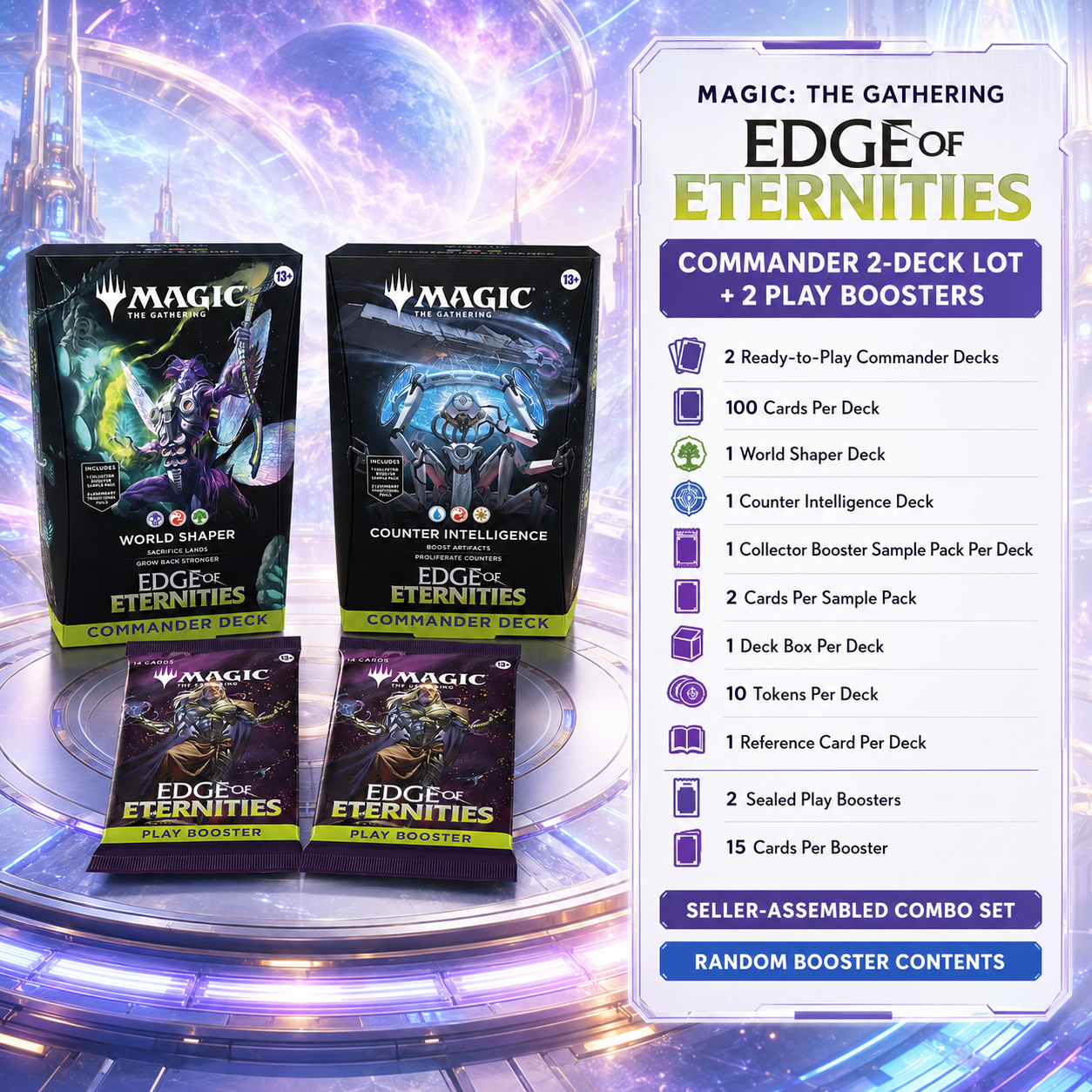 Magic: The Gathering Edge of Eternities Commander 2-Deck Lot + 2 Play Booster Packs, 2 Ready-to-Play 100-Card MTG Decks, World Shaper & Counter Intelligence, TCG Combo Bundle for Commander Play, Deck Building, Pack Opening-1