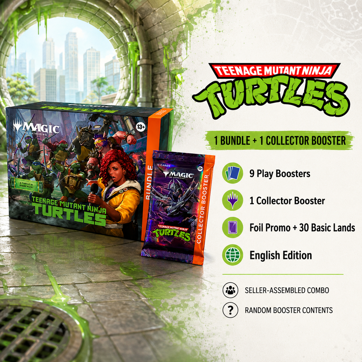 Magic: The Gathering Teenage Mutant Ninja Turtles Bundle + Collector Booster Pack English Edition, MTG TCG Booster Combo Set for Pack Opening, Deck Building, Collectible Cards and Gift