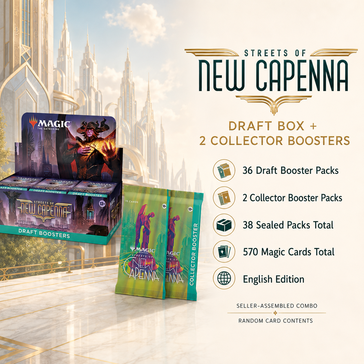 Magic: The Gathering Streets of New Capenna Draft Booster Box + 2 Collector Booster Packs, 38 Sealed Boosters, 570 Total Cards, English Edition, MTG Collector Combo Gift Set-2