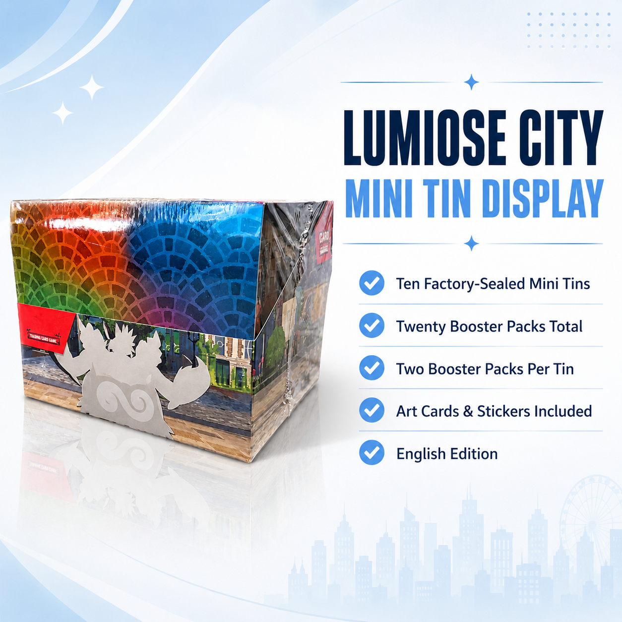 Pokémon TCG Lumiose City Mini Tin Display Box 10 Tins 20 Booster Packs English Edition Factory Sealed Collector Gift-2