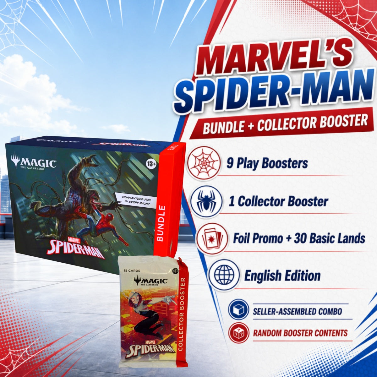 Magic: The Gathering Marvel’s Spider-Man Bundle + Collector Booster Pack English Edition, 9 Play Boosters, Foil Promo, MTG Sealed TCG Combo for Pack Opening, Deck Building and Collector Gift-2