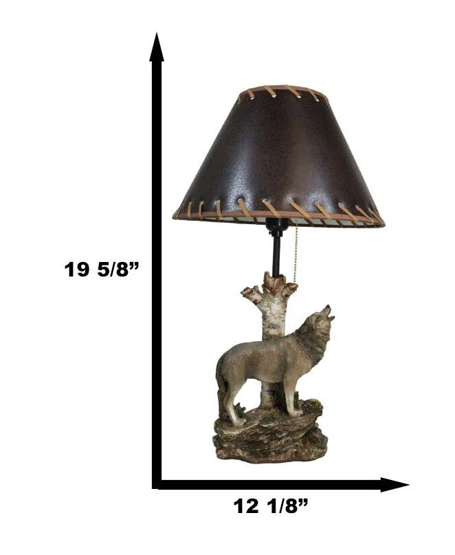 Rustic Wildlife Grey Wolf Howling By Birchwood Tree Table Lamp With Laced Shade-7