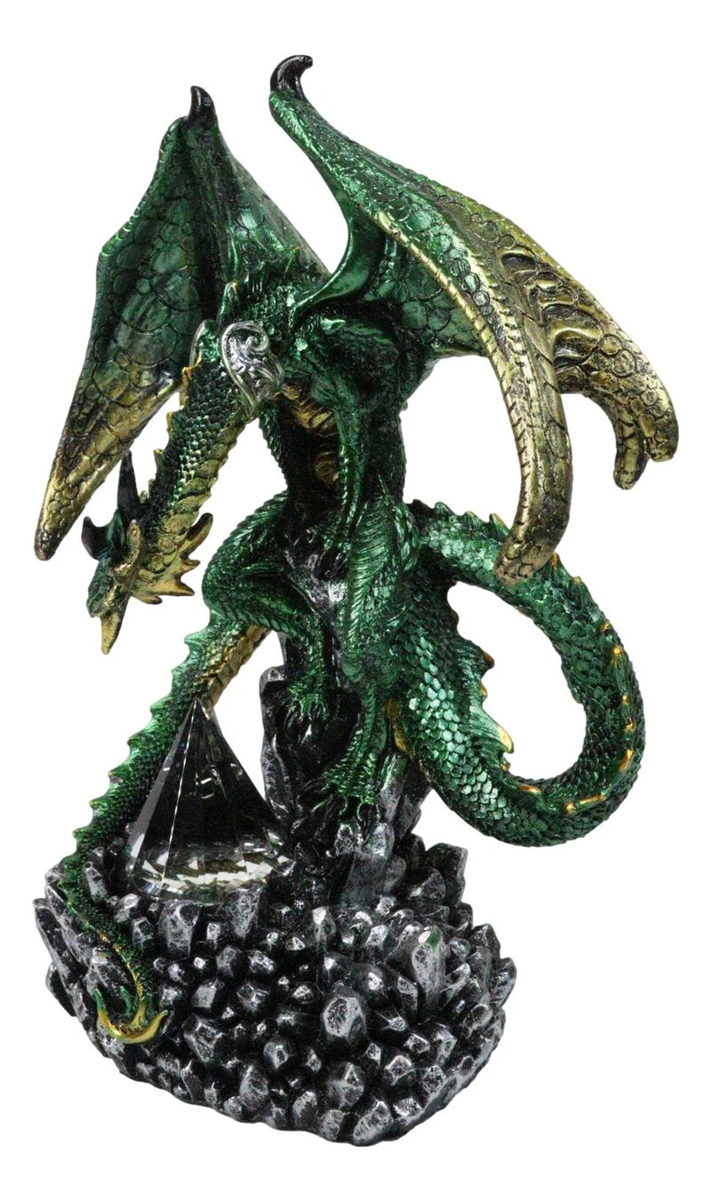 Metallic Green and Gold Rune Dragon Guarding Glass Prism Crystals Figurine 10"H-8