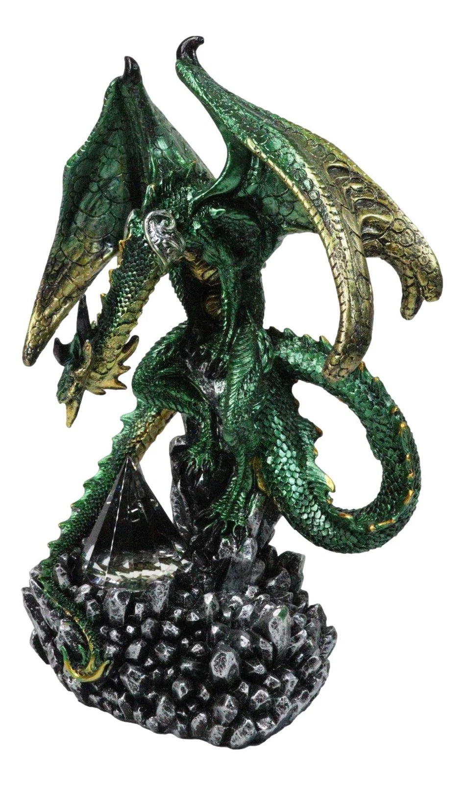 Metallic Green and Gold Rune Dragon Guarding Glass Prism Crystals Figurine 10"H-8