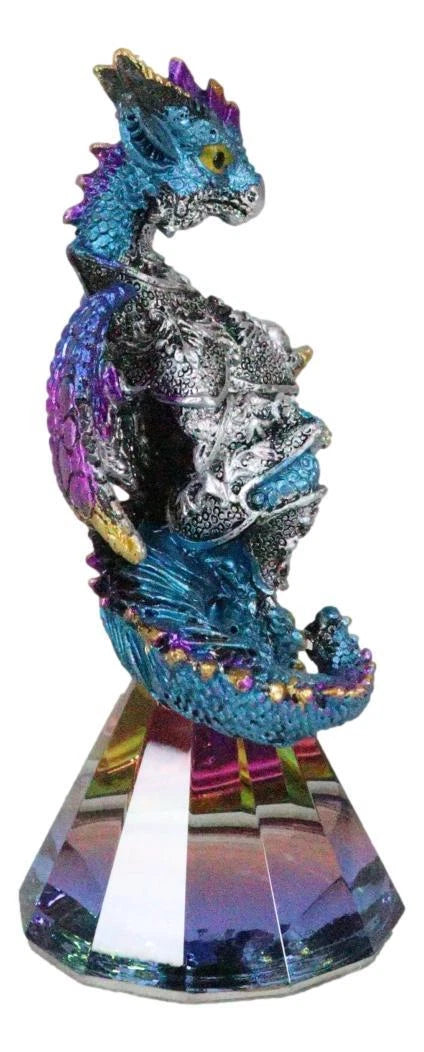 Blue Iridescent Armored Rainbow Wyrmling Dragon With Faux Crystal Prism Figurine-3