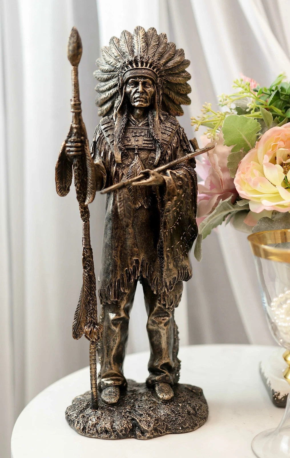Native American Indian Chief With Eagle Roach Spear And Chalumet Pipe Statue-1