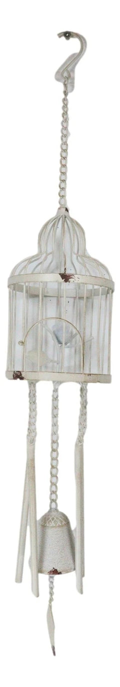 Whimsical Rustic White Bird Perching On Twig In Cage Aluminum Metal Wind Chime-2