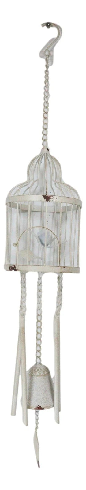 Whimsical Rustic White Bird Perching On Twig In Cage Aluminum Metal Wind Chime-2