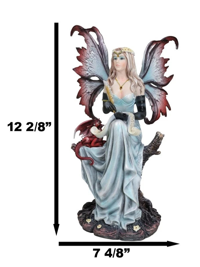 Blonde Fairy Scribe And Red Dragon Writing On Dragons Tales Scroll Figurine-7