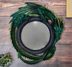 Gothic 11.75" Tall Jade Pagoda Green Intertwined Dragon Round Wall Mirror Plaque-1