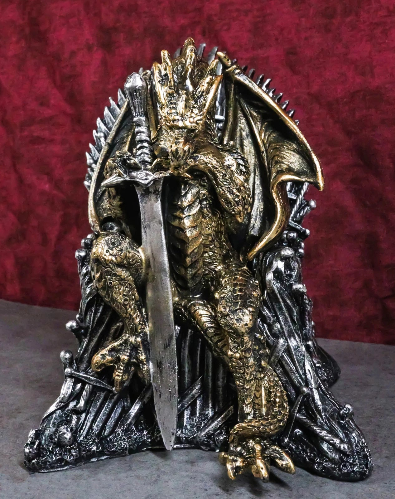 Bronzite Dragon Sitting On Iron Throne Of Swords With Valyrian Blade Figurine-1