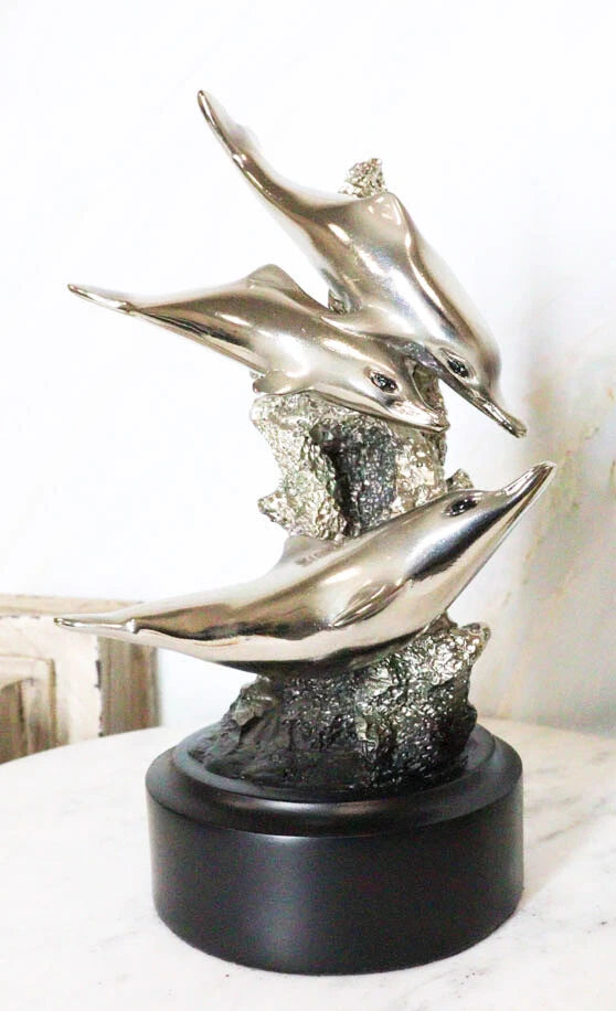 Nautical Marine Sea Dolphins By Coral Reef Silver Electroplated Resin Figurine-6