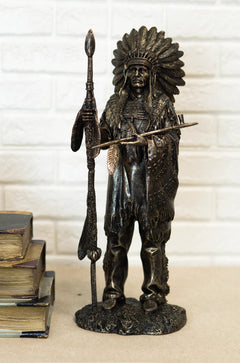 Native American Indian Chief With Eagle Roach Spear And Chalumet Pipe Statue-2