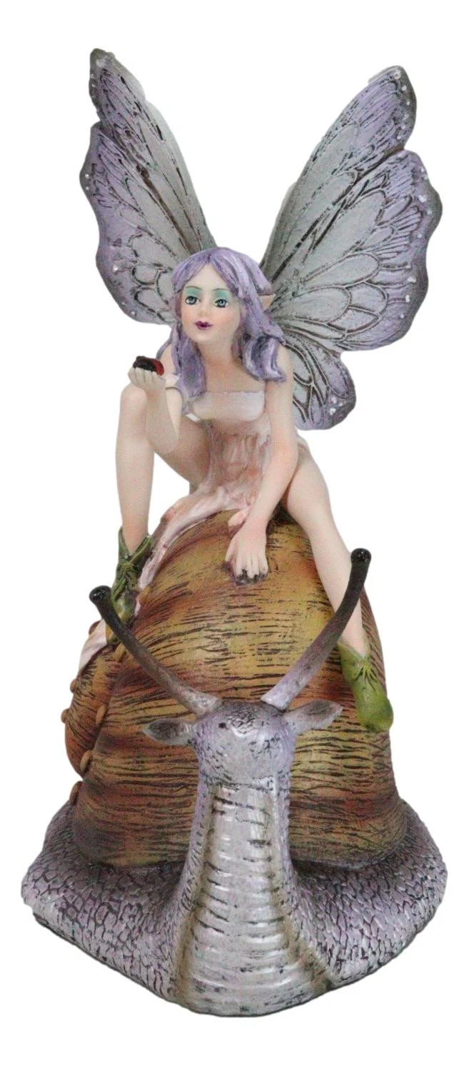Fantasy Purple Elf Pixie Fairy Ladybug Sitting On Giant Snail Mollusk Figurine-6
