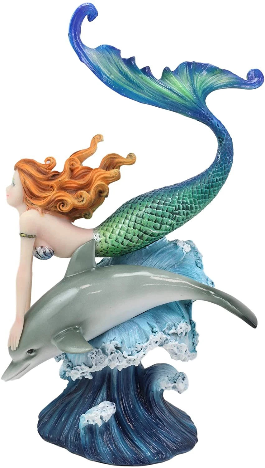 Sea Nautical Red Haired Mermaid Riding Dolphin Over The Ocean Waves Statue Decor-3