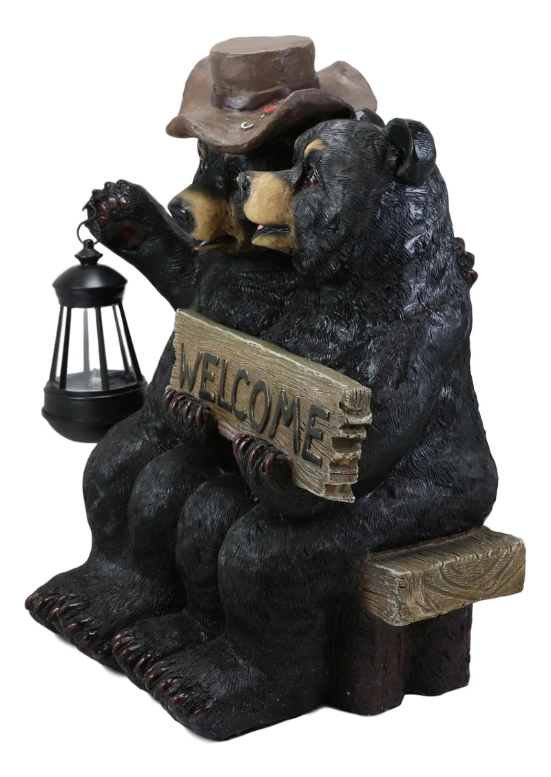 Rustic Black Bear Couple By Bench With Welcome Sign & LED Lantern Garden Statue-6