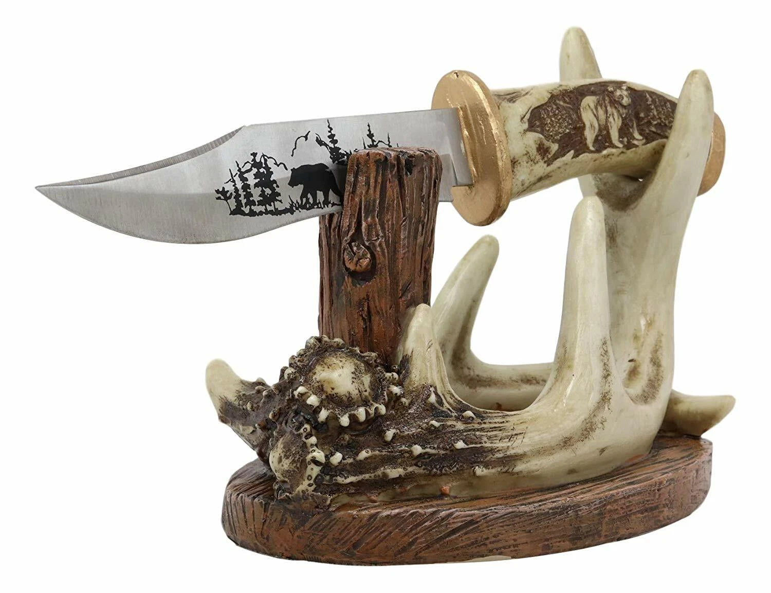 Western Rustic 8 Point Buck Stag Deer Antlers Display With Bear Sculpted Dagger-6
