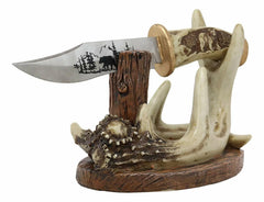 Western Rustic 8 Point Buck Stag Deer Antlers Display With Bear Sculpted Dagger-6