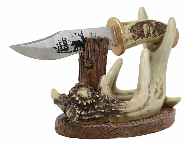 Western Rustic 8 Point Buck Stag Deer Antlers Display With Bear Sculpted Dagger-6