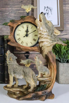 Howling Gray Wolves Family Table Clock with Pendulum 10.5" Height Decor-1