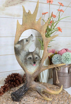 Rustic Western Emperor Moose Deer Antler With Howling Wolves Family Figurine-2
