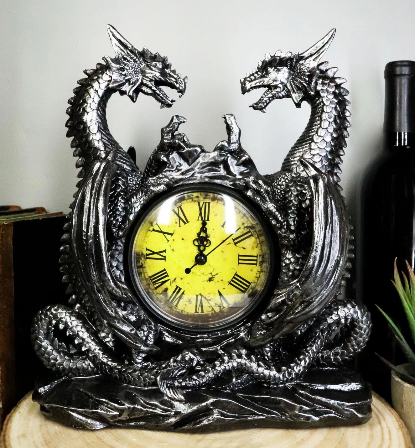 Gothic Twin Dragons Table Clock Statue With Roman Numerals In Metallic Look 11"H-1