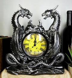 Gothic Twin Dragons Table Clock Statue With Roman Numerals In Metallic Look 11"H-1