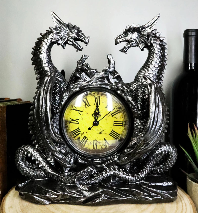 Gothic Twin Dragons Table Clock Statue With Roman Numerals In Metallic Look 11"H-1