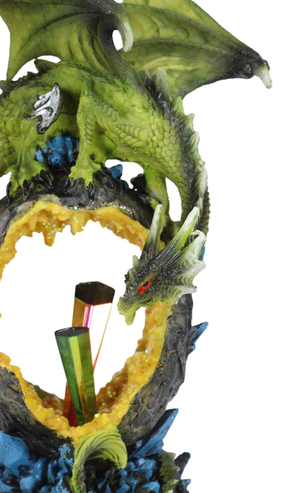 Green Dragon Guarding Faux Geode Crystal Arch Rock With Rainbow Icicle Figurine-8