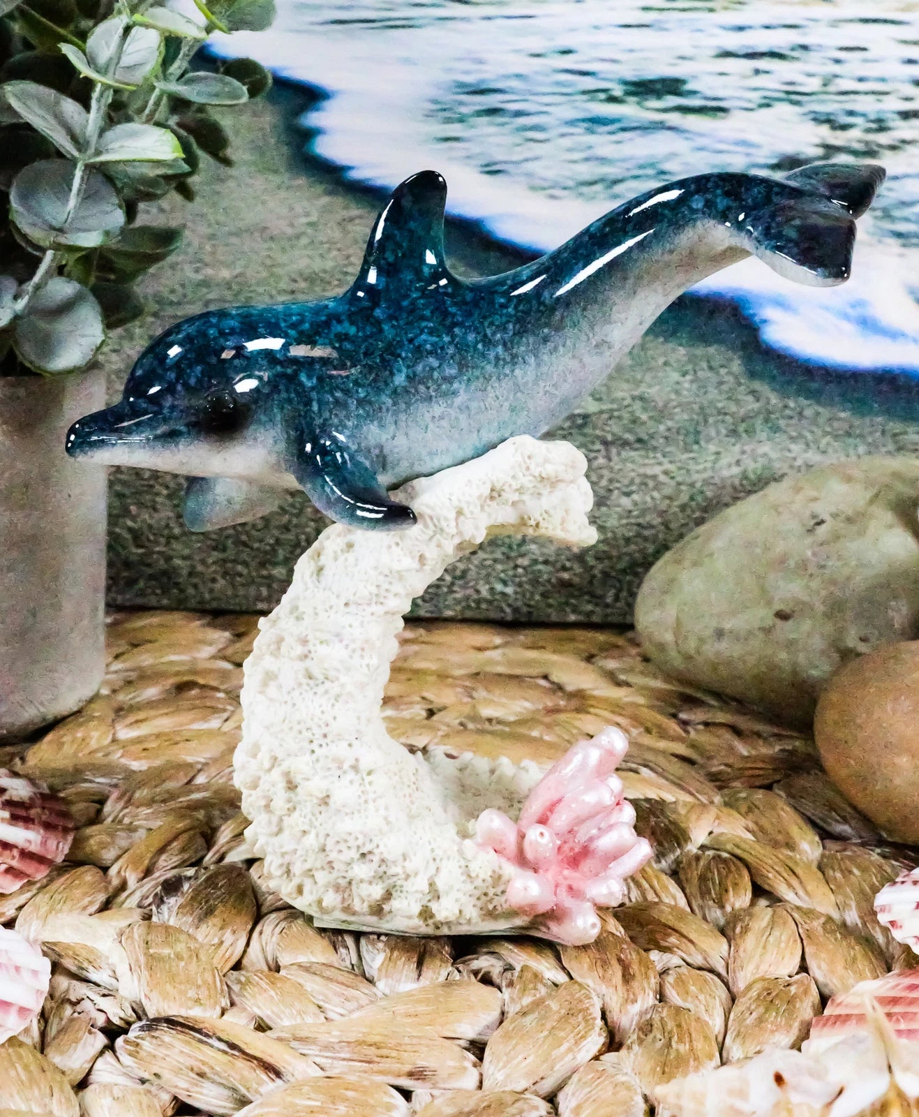Ocean Marine Sea Life Bottlenose Dolphin Swimming Over Coral Reef Figurine