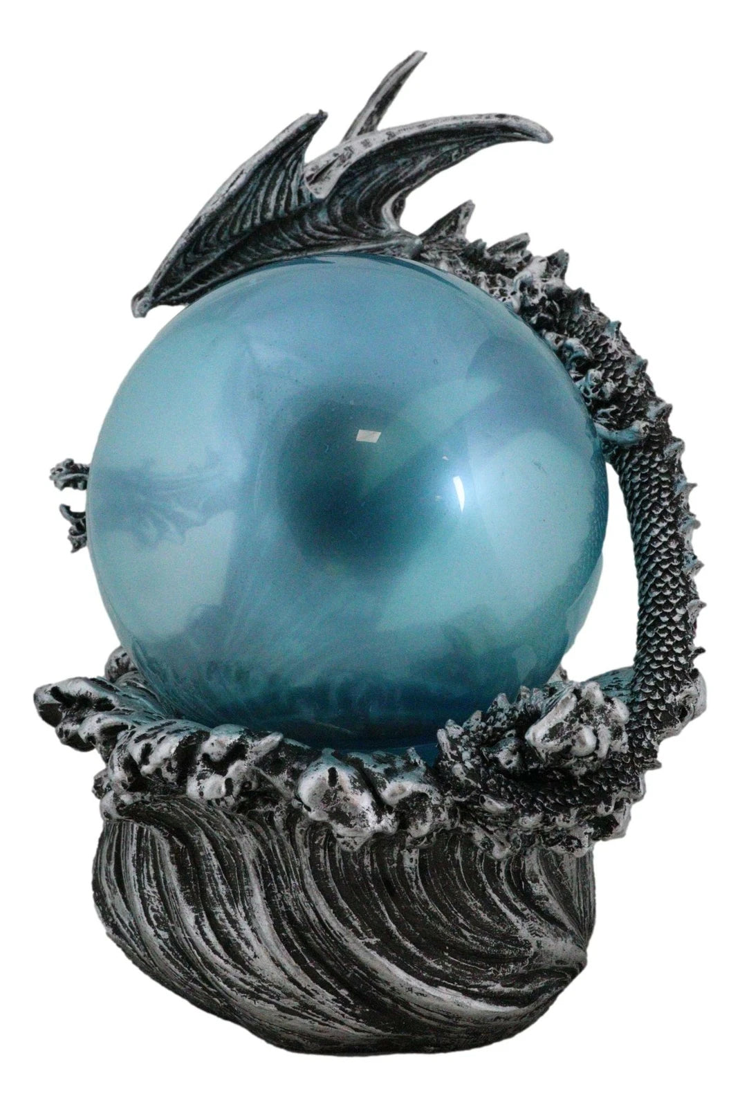 Silver Ocean Dragon Riding Tidal Sea Waves With Colorful LED Sphere Orb Figurine-5