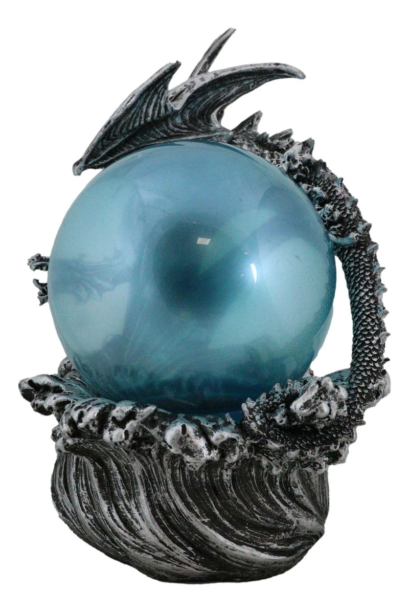 Silver Ocean Dragon Riding Tidal Sea Waves With Colorful LED Sphere Orb Figurine-5