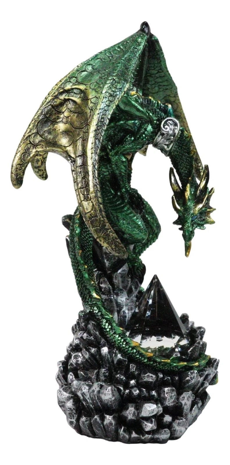 Metallic Green and Gold Rune Dragon Guarding Glass Prism Crystals Figurine 10"H-7