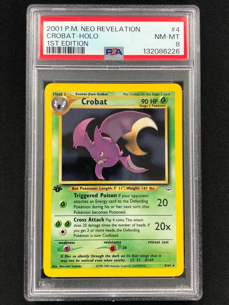 Pokemon 2001 Crobat 1st Holo + Swirl! 4/64 Neo PSA 8-1