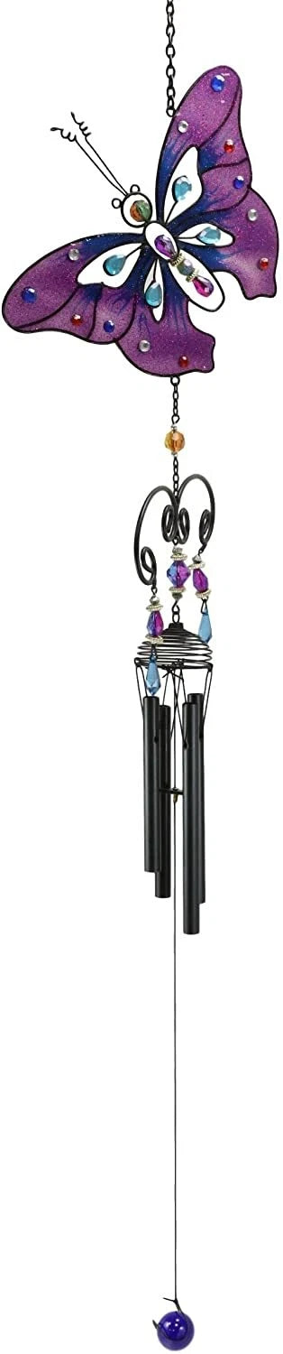 Purple Butterfly Stained Glass With Gemstones Copper Wind Chime Garden Patio-6