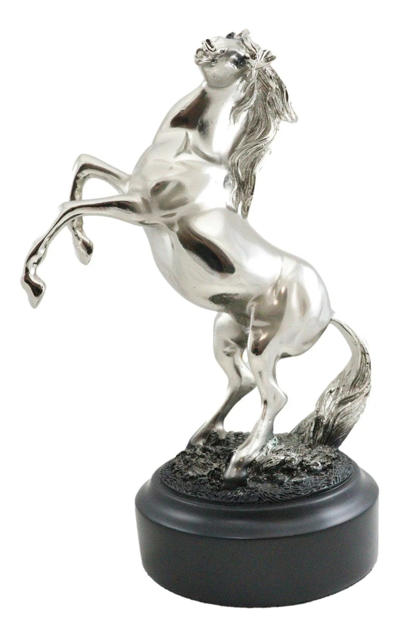 Western Black Beauty Prancing Horse Stallion Silver Resin Figurine With Base-4