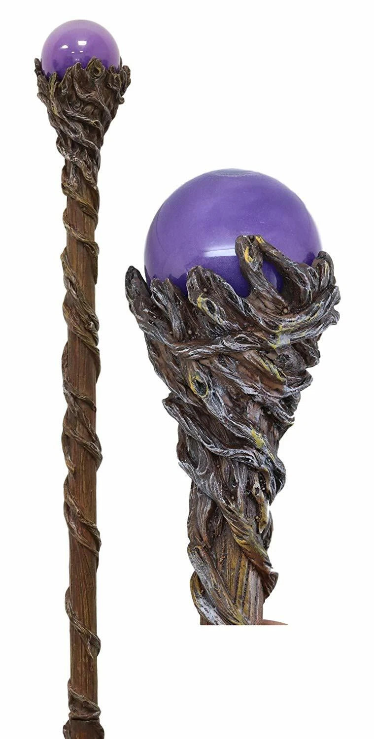 Bastón de vides retorcidas del mago Merlín con mango de orbe morado, 170 cm de largo-7