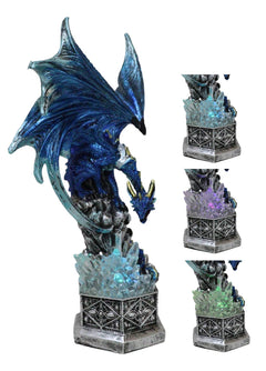 Armored Blue Guardian Water Elemental Dragon On LED Crystals Pedestal Figurine-8
