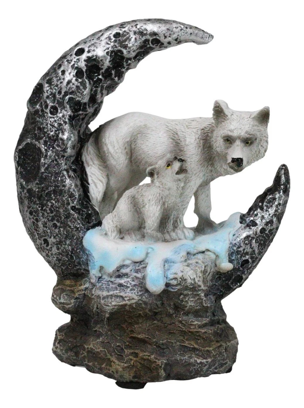 Winter Snow White Wolf With Pup Cub By Snowy Crater Crescent Moon Figurine-6