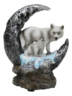Winter Snow White Wolf With Pup Cub By Snowy Crater Crescent Moon Figurine-6