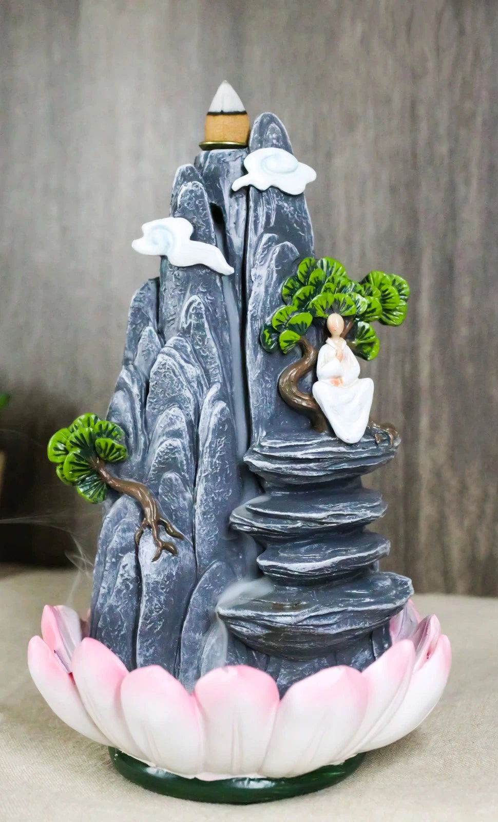 Zen Rocky Mountain Steppes With Monk On Giant Lotus Backflow Cone Incense Holder-1