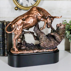 Wall Street Stock Market Charging Bull Trouncing Bear Statue With Pedestal Base-1