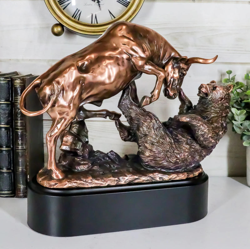 Wall Street Stock Market Charging Bull Trouncing Bear Statue With Pedestal Base-1