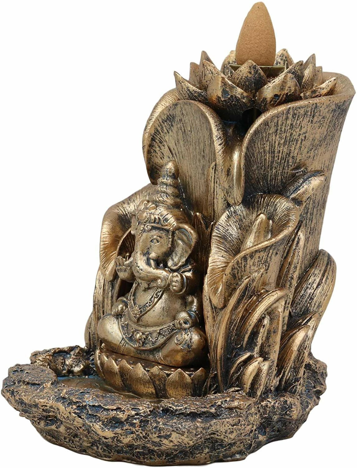 Golden Ganesha Seated On Lotus Backflow Cone Incense Burner Statue 5.25" H-4
