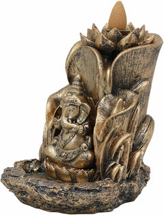 Golden Ganesha Seated On Lotus Backflow Cone Incense Burner Statue 5.25" H-4