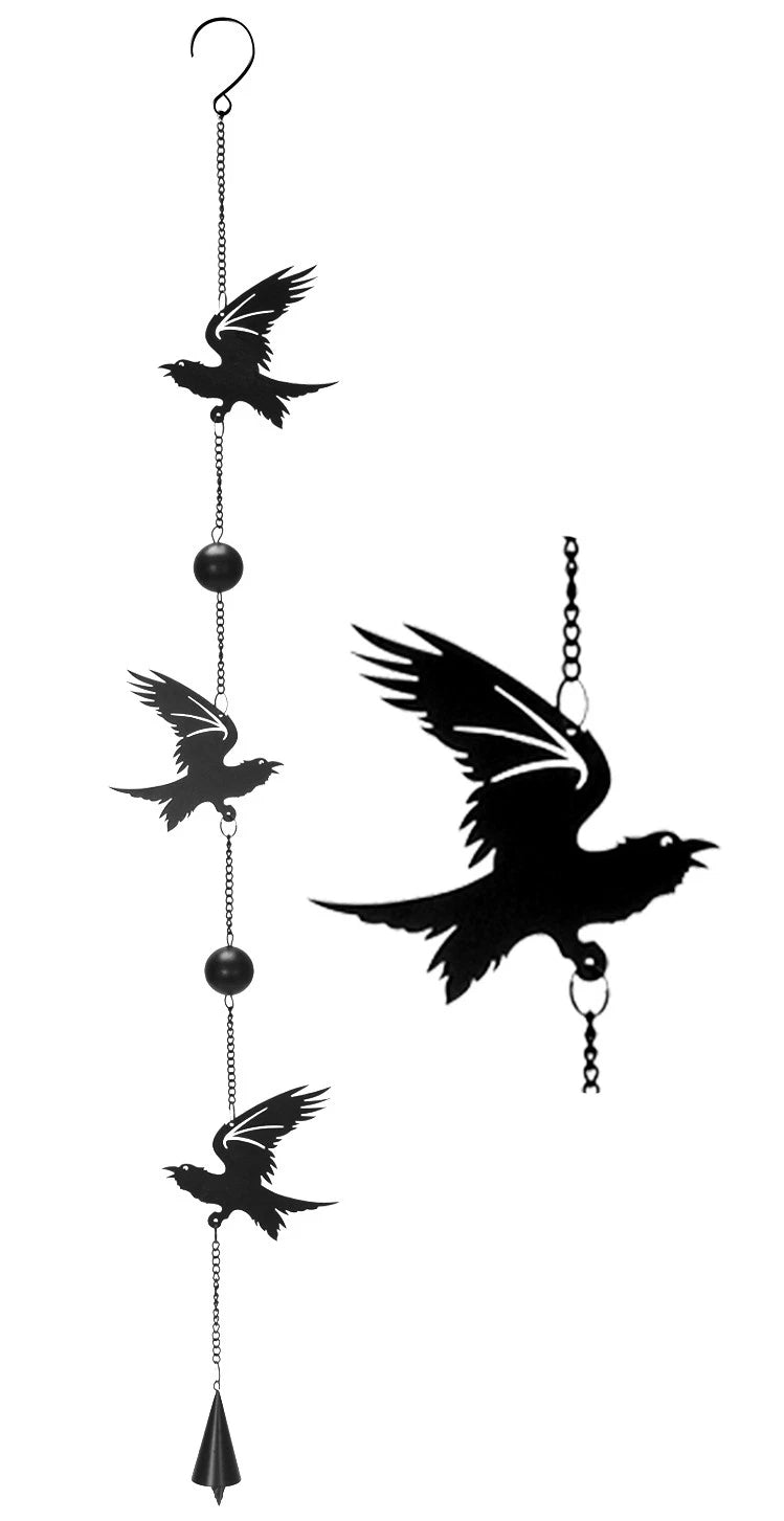 Gothic Bad Omen Trio Crow Ravens Metal Wall Hanging Mobile Wind Chime With Beads-2
