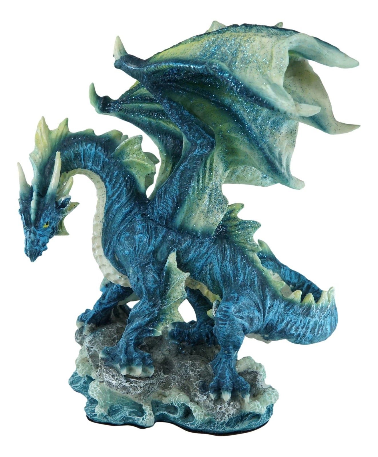 Large Blue Hyperion Water Behemoth Dragon Standing On Rock Figurine 11" H-4