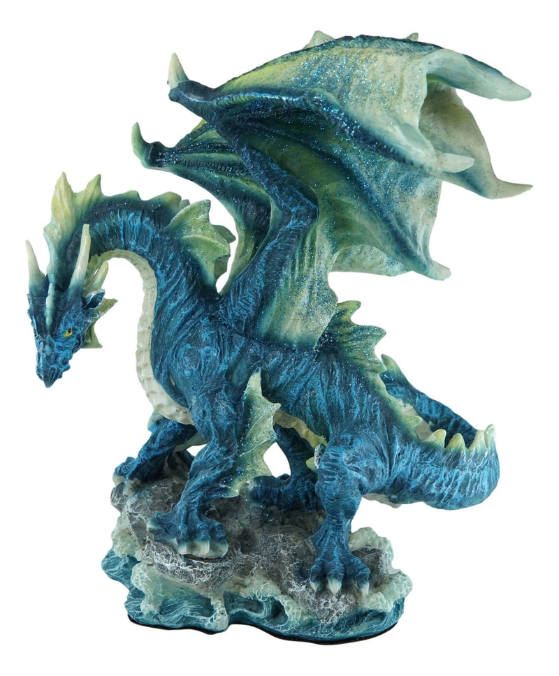 Large Blue Hyperion Water Behemoth Dragon Standing On Rock Figurine 11" H-4